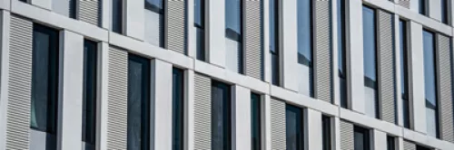 Close up view of the geometric facade of Mission Hall
